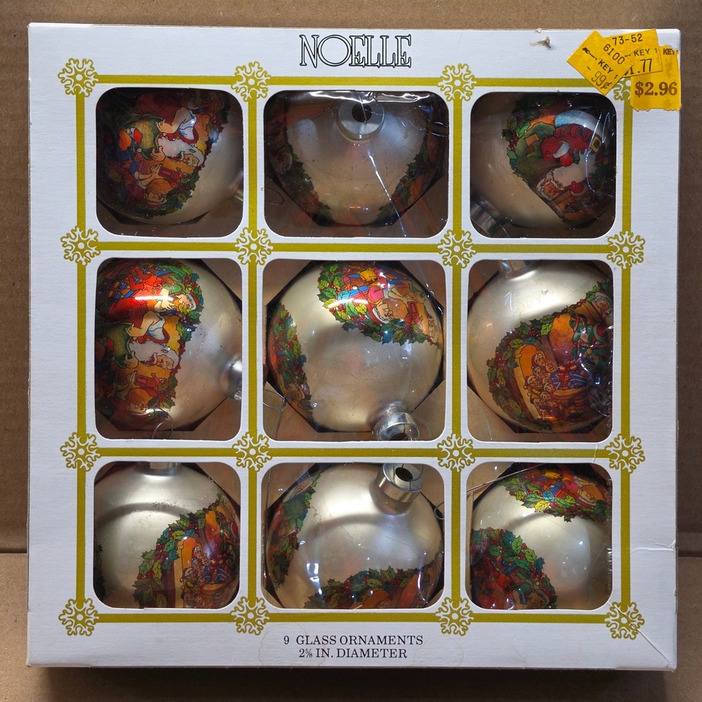 Noelle Christmas Ornaments 2.5in Silver Excellent Vintage Glass 9 Pack Box Kmart